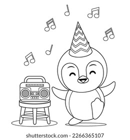 Illustration vector graphic of coloring book for kids. Cute Penguin Dancing Listening Music From Radio. Perfect for children books cover, children book illustration,game illustrations, game asset,etc