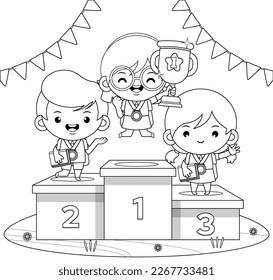 Illustration vector graphic of coloring book for kids. Cute Student School Competition Winners Standing On Podium. Perfect for children books cover, children book illustration,game illustrations, etc