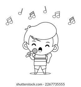 Illustration vector graphic of coloring book for kids. Expressive Singing Boy With Microphone In Hand. Perfect for children books cover, children book illustration,game illustrations, game asset,etc