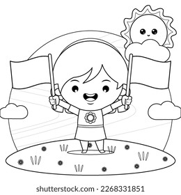 Ilustración vectorial gráfica del libro de colorear para niños. Chica Feliz Con Dos Manos Con Minibandera. Perfecto para sitio web, portada de libros para niños, ilustración de libros para niños, ilustraciones de juegos, etc