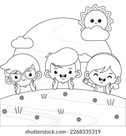 Ilustración vectorial gráfica del libro de colorear para niños. Grupo De Niños Felices Que Mienten En La Grasa Verde. Perfecto para sitio web, portada de libros para niños, ilustración de libros para niños, ilustraciones de juegos, etc