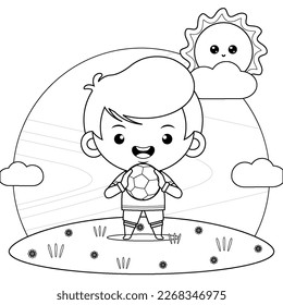 Illustration vector graphic of coloring book for kids. Cute Goalkeeper Boy With A Soccer Ball. Perfect for website, children books cover, children book illustration,game illustrations, game asset,etc
