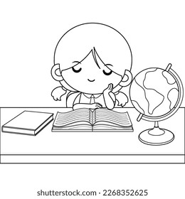 Illustration vector graphic of coloring book for kids. Cute Girl Reading A Book And Thinking. Perfect for website, children books cover, children book illustration,game illustrations, game asset,etc