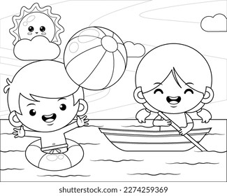 Illustration vector graphic of coloring book for kids. Happy Kids At Sea. Perfect for website, children books cover, children book illustration,game illustrations, game asset,animation,etc




