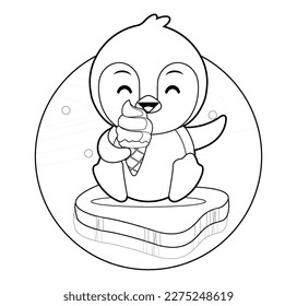 Illustration vector graphic of coloring book for kids. Happy Cute Penguin Sitting On Ice Eat Ice Cream. Perfect for website, children books cover, children book illustration,game illustrations, etc