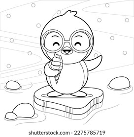 Illustration vector graphic of coloring book for kids. Happy Cute Penguin Eat Ice Cream. Perfect for website, children books cover, children book illustration,game illustrations, game asset,etc