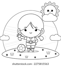 Illustration vector graphic of coloring book for kids. Happy GirlWith A Soccer Ball. Perfect for website, children books cover, children book illustration,game illustrations, game asset,animation,etc
