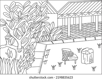 Illustration, Vektorgrafik der Vektorgrafik der farbigen Linien, Garten, Baum, Blatt
perfekt für die Färbung von Gartenbildern