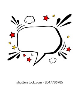 Illustration vector graphic of comic empty speech bubble with stars and clouds. Good for vector cartoon cute dialogue balloon sketch object isolated on white background. Image in retro pop art style.