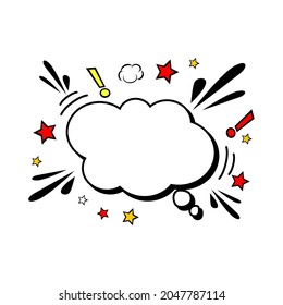 Illustration vector graphic of comic empty speech bubble with stars and clouds. Good for vector cartoon cute dialogue balloon sketch object isolated on white background. Image in retro pop art style.