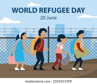 illustration vector graphic of a community walking on the edge of the city fence, perfect for international day, world refugee day, celebrate, greeting card, etc.
