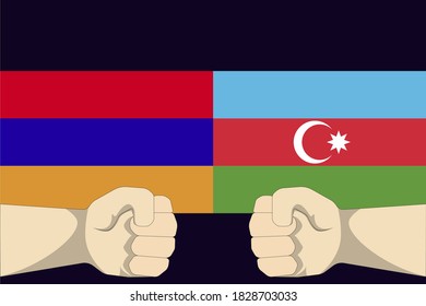illustration vector graphic of concept of the conflict between Armenia and Azerbaijan with two opposing fists on Armenia and Azerbaijan flags background. vector illustration EPS 10.