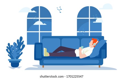 illustration vector graphic of the concept of staying at home. Men who sleep on the couch listening to music