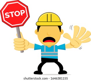 Illustration Vector Graphic of a Construction Worker in Cartoon with a panic expression who holds stop sign, perfect for safety drive campaign