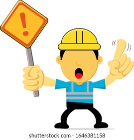 Illustration Vector Graphic of a Construction Worker in Cartoon with an expression who holds warning sign, perfect for safety drive campaign
