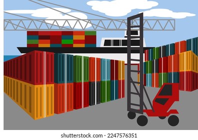 Illustration vector graphic of container port activities. Fun and colorful poster 