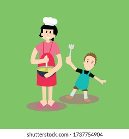 Illustration vector graphic of cooking time with mom and son. Happy family. Good for situation at home.