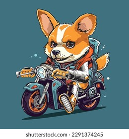 Illustration vector graphic of Corgy Dog Driving a Motorbike. Suitable for Manufacturing T-Shirt, Sticker, Coloring Book, etc. 