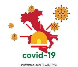 Illustration vector graphic of Coronavirus outbreak warning against a Italy map background. Corona virus outbreak with Italy map. Pandemic and corona virus outbreaks. vector EPS10.