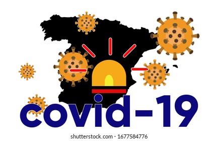 Illustration vector graphic of Coronavirus outbreak warning against a Spain map background. Corona virus outbreak with Spain map. Pandemic and corona virus outbreaks.