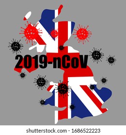 Illustration vector graphic of Coronavirus outbreak warning against an United Kingdom map background. Corona virus outbreak with United Kingdom map. Pandemic and corona virus outbreaks. covid-19.