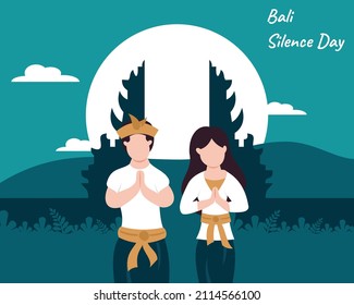 ilustración vectorial gráfico de una pareja está frente a la puerta de la manara, mostrando la luna llena por la noche, perfecta para religión, vacaciones, cultura, nyepe día, día del silencio, tarjeta de saludo, etc.