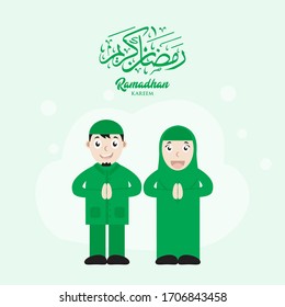 illustration vector graphic of a couple of husband and wife who wish you a happy Eid al-Fitr, Eid al-Adha, suitable for social media post, banner or poster