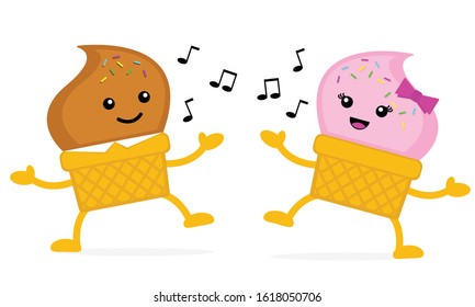 Illustration vector graphic of couple ice cream cartoon character dancing together. Good for food and beverages mascot, logo, etc.