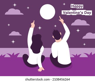 illustration vector graphic of a couple is looking at the full moon in the sky, showing the light of the stars and the night clouds, perfect for religion, holiday, culture, valentine, greeting card.