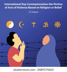 illustration vector graphic of a couple is praying, displaying symbols of different religions, perfect for international day, commemoration the victims, acts, violence based, religion or belief.