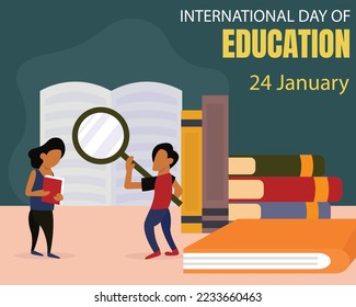 illustration vector graphic of a couple is reading a book using a magnifying glass, showing a pile of books, perfect for international day, international day of education, celebrate, greeting card.