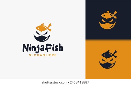 Illustration vector graphic of creative ninja warrior with fish logo unique. Simple serious ninja head logo.