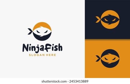 Illustration vector graphic of creative ninja warrior with fish logo unique. Simple serious ninja head logo.