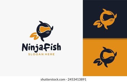 Illustration vector graphic of creative ninja warrior with fish logo unique. Simple serious ninja head logo.