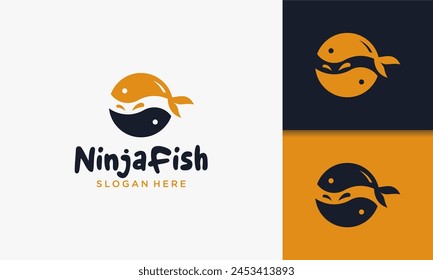 Illustration vector graphic of creative ninja warrior with fish logo unique. Simple serious ninja head logo.