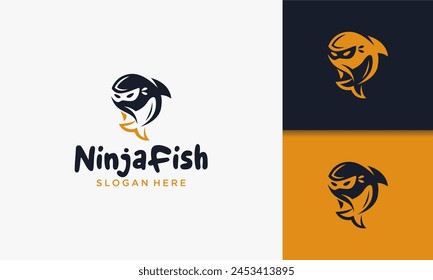 Illustration vector graphic of creative ninja warrior with fish logo unique. Simple serious ninja head logo.