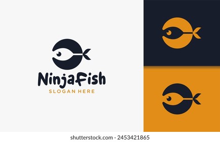 Illustration vector graphic of creative ninja warrior with fish logo unique. Simple serious ninja head black logo.