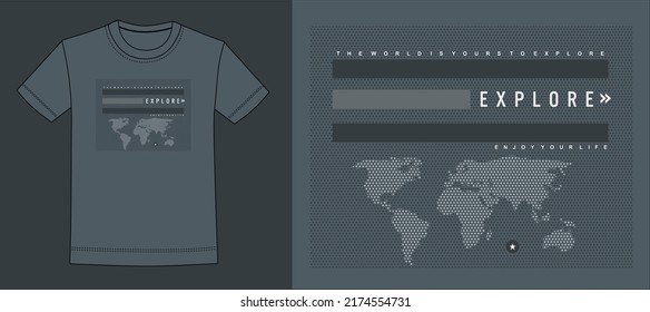 Illustration vector graphic creative  t shirts design using world map dots, explore, life, enjoy ect., 