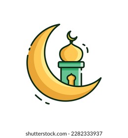 Gráfico vectorial de ilustración de la luna creciente y la mezquita. El estilo minimalista del Crescent Moon está aislado en un fondo blanco. La ilustración es adecuada para banners de páginas web de aterrizaje y pegatinas