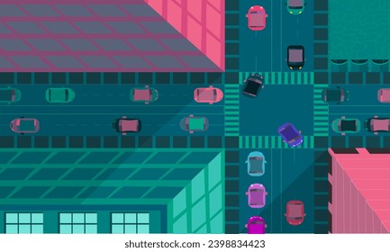Illustration vector graphic of crowded traffic at modern city midnight time with top view. Perfect for design elements, poster, advertisement, promotion, banner, etc.