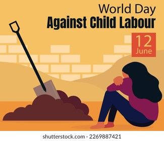 illustration vector graphic of a crying girl forced to work in building construction, perfect for international day, world day against child labour, celebrate, greeting card, etc.