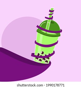 Illustration vector graphic a cup of green boba drink with tangled purple ribbon Fit for icon, logo, or ornament for cafe, etc.