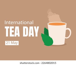 illustration vector graphic of cup of steaming hot tea, featuring green tea leaves, perfect for international day, international tea day, celebrate, greeting card, etc.