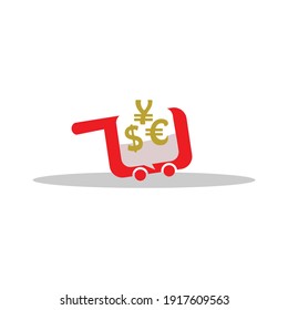 Illustration vector graphic of currency in a shopping cart or trolley in the form of a chat. Fit for finance, businessman. Editable Stroke.