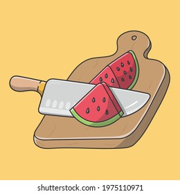 Illustration vector graphic of cut watermelon with knife above cutting board in a flat style.

Great for graphic needs