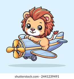 Illustration Vector Graphic of Cute and Adorable Baby Lion on a Plane With Separated Layer. Suitable for Manufacturing T-Shirt, Sticker, Coloring Book, etc. 