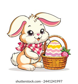 Illustration Vector Graphic of Cute and Adorable Easter Bunny Holding Egg With Separated Layer. Suitable for Manufacturing T-Shirt, Sticker, Coloring Book, etc. 