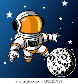 illustration vector graphic of The cute astronaut hovers in space between the moon and the stars, perfect for the advertising logo t-shirt design etc

