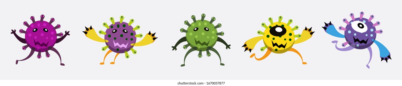 Illustration Vektorillustration Grafik von süßen Bakterien Zeichen laufen Set Sammlung. Vektorillustration Cartoon Illustration eines Virus, Bakterien. Einfache Vektorillustration EPS10 einzeln auf weißem Hintergrund.
