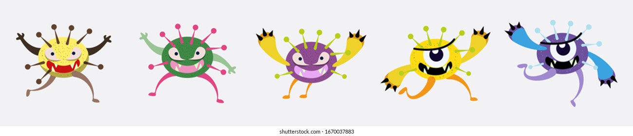 Illustration vector graphic of cute bacteria character running set collection. Vector cartoon illustration of a virus, bacteria. Simple vector illustration EPS10 isolated on white background.
